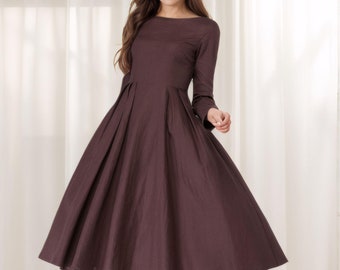 Brown Linen A-Line Dress, Fit and flare dress, Women Casual Dress, Vintage Style Linen Dress, Long sleeves dress, retro dress, xiaolizi 5615