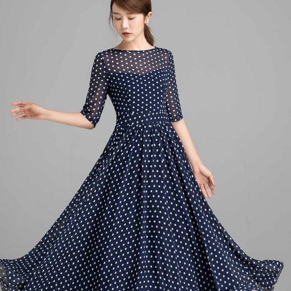 Blue and White Polka Dot chiffon Maxi Dress, Fit and Flare Chiffon dress, Summer dress, Women dress, Bohemia dress, Party dress 2354#