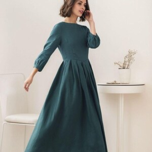 Green Linen Maxi Swing Dress - Flowy A-Line Design 5513 Green Linen Maxi Swing Dress - Flowy A-Line Design 5513