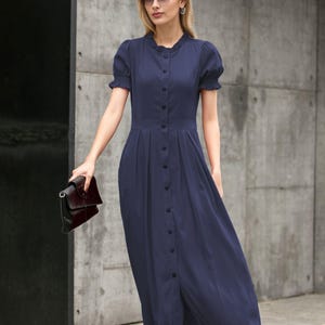 Navy Blue maxi shirt dress, Womens long swing dress, A line Modest dress with pockets, Custom Fall Puff sleeve Work dress, Xiaolizi 5882#