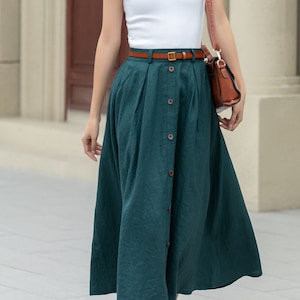 Linen skirt, Women's Midi skirt, A-Line linen Skirt, Button front Skirt, Dark Green Midi skirt with pockets, Plus size Skirt, Xiaolizi 4970 image 1