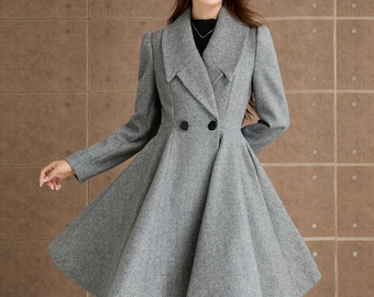 Gray Wool-blend Coat for Fall & Winter, Elegant Double