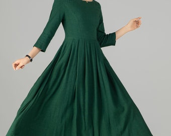Green Linen midi dress, Women's Swing linen dress, Minimalist dress, Modest long linen dress, Flowy Pleated linen dress, xiaolizi 5714