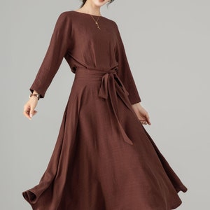 Brown long sleeves midi linen dress 5704 Brown long sleeves midi linen dress 5704