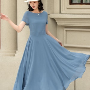 Summer office dress, Blue Chiffon Dress, Midi chiffon dress, Womens Swing Chiffon dress, fit and flare dress, Custom dress, XiaoLizi 5192 1-Blue