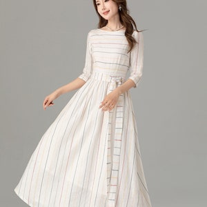 Linen dress, Midi linen dress, Womens Striped linen dress, Casual Summer linen dress, wedding guest dress, Custom dress, Xiaolizi 4934 image 2