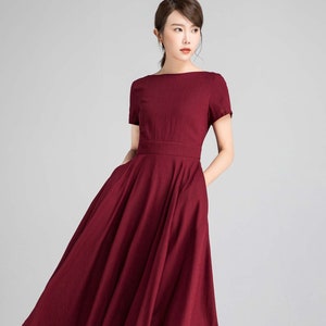 Fit and flare Midi dress in Burgundy, Boat Neck swing Dress with Pockets, Short Sleeve Party dress, Mother of the bride dress 2336 image 2