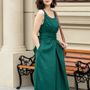 Summer Linen Dress, Green Sleeveless dress, Casual Linen Midi Dress, Belted Linen dress with pockets, Plus size dress, custom dress 4968 image 1