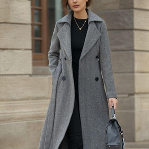 Herringbone Long Wool Trench coat, Womens A Line Wool coat, Belted wool coat, Warm winter coat, Gray wool coat, Custom coat, Xiaolizi 5455