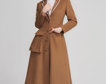 Bruine wollen damesjas - midi-winterjas met reverskraag, elegante warme overjas, overjas met lange mouwen, jas met enkele rij knopen, 5613