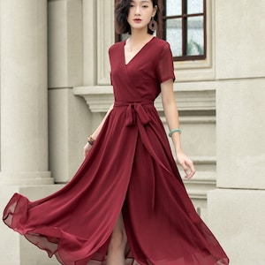 Burgundy midi fit and flare prom chiffon dress 5222 Burgundy midi fit and flare prom chiffon dress 5222