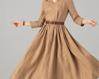 ワンピース ETMON Shirring Top Mix Dress, Khaki Brown Linen Midi Dress Women, Khaki Shirt Dress, Spring Linen