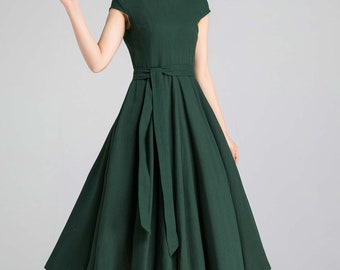 Green Cotton Linen Midi Dress: Vintage Style Fit-and-Flare Dress, Custom, Xiaoliz  2332#
