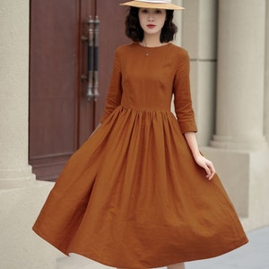 Linen dress, Midi linen dress, Long Linen dress, Womens pleated Linen dress, Modest dress, Summer spring outfit, Custom dress, Xiaolizi 4896