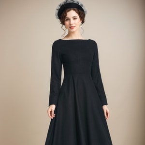 little black dress, wool dress, winter dress for women, long wool dress, classic dress, womens dresses, fitted dress, elegant dress 2274#
