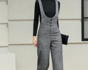 新品未使用【HOWIE】 SUSPENDER PANTS Gray Suspender Wool Pants Women, Autumn Winter Straight-leg