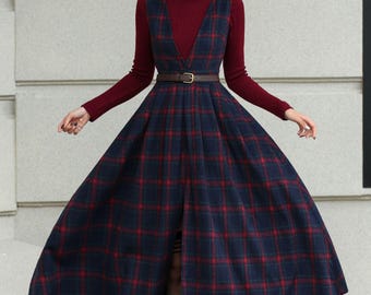 Vintage Plaid Wool Pinafore Dress: Belted Cottagecore Midi, Custom, Xiaolizi 6507