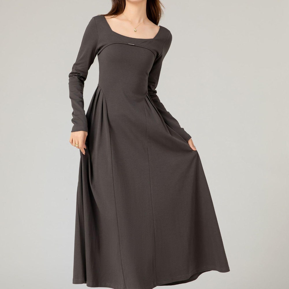 Charcoal Gray Knit Dress, Waistless A-Line Knit Dress, Long Dresses For Women, Long Sleeves Dress, Casual Dress, Custom Dress, Xiaolizi 5477 Sunrisetee