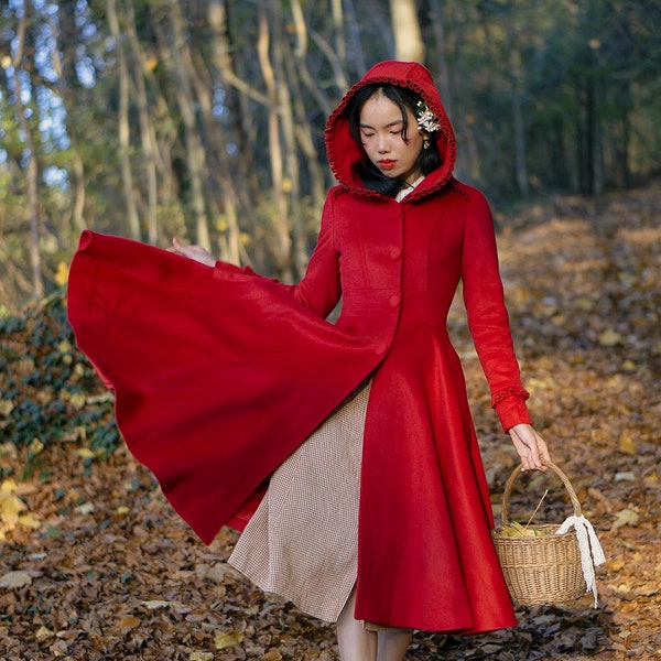 Een Little Red Riding Hood wollen jas, lange wollen jas, Vintage geïnspireerde wol swing jas, wollen jas winter, aangepaste jas, kerstcadeau 2497 #