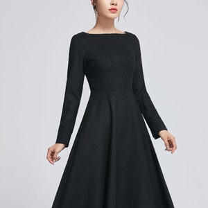 little black dress, wool dress, winter dress for women, long wool dress, classic dress, womens dresses, fitted dress, elegant dress 2274#