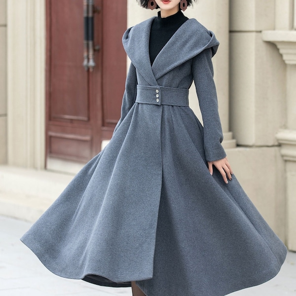 Long wool coat, Womens gray swing wool coat, Warm wool Coat, Hooded wool coat, Fit and Flare wool Coat, Custom Winter Coat, Xiaolizi 5344