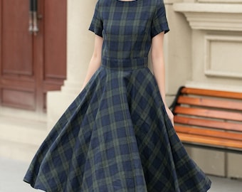 Linen Dress, Plaid midi Dress women, Fit and Flare dress, Swing Dress, Summer dress, Short sleeve linen Dress, Custom Dress, Xiaolizi 4950