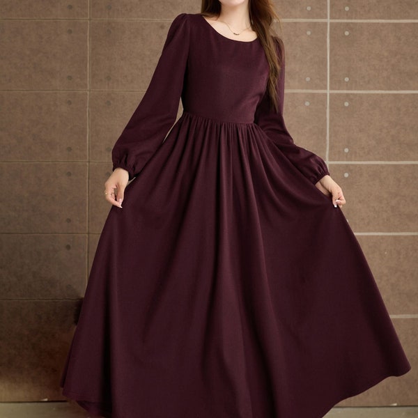 Womens Burgundy Long wool dress, Autumn winter dress, Fit and flare dress, Swing dress, Retro dress, Prom dress, Custom dress, Xiaolizi 5359