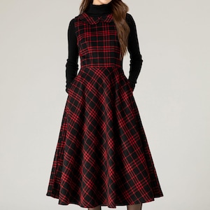 Plaid Wool Dress, Sleeveless Midi Tank Wool Dress, Womens A-Line Autumn Winter work Dress, Dress with pockets, Handmade Dress, Xiaolizi 5478