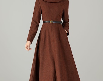 Plaid Wool Swing Dress: Long Sleeve A-Line Midi, Custom, Xiaolizi 6500#