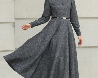 Wool A-line Midi Dress: Gray Belted Vintage Style, Custom