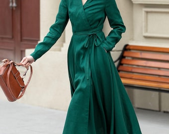 Linen Midi dress, Wrap Linen dress, Summer army green linen dress, Womens swing dress, Long Linen dress, Custom dress, Xiaolizi 4966