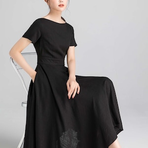 Litter black dress, Black dress, Fit and flare Linen Midi dress, Women dress, Dress with pockets, Boat Neck Part dress, Cocktail dress 2343#