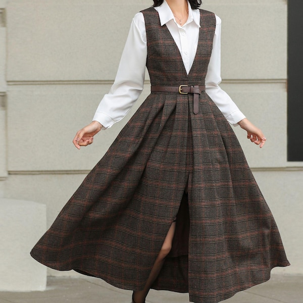 Elegant Brown Plaid Wool Midi Dress with Belt - Timeless A-Line Style for Fall and Winter Fashion, Custom, Xiaolizi 6417