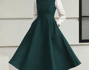 Vestido midi de mezcla de lana verde: vestido clásico de invierno sin mangas, corte A, personalizado, Xiaolizi 6615