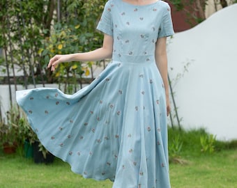 knee length dresses for ladies Living Easy Cream Floral Linen Midi Dress – Shop the Mint main image 0