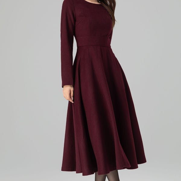 Burgundy Wool Midi Dress: Fit & Flare Autumn Winter Dress, Swing, Custom, Xiaolizi 6392