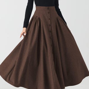 Brown wool skirt, Women maxi wool skirt,  Classic A-line wool skirt, Winter Button down skirt, Weekend outing, Custom skirt, Xiaolizi 6326#