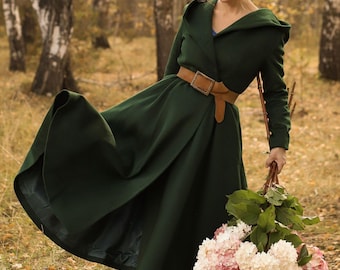 Green Hooded Wool Coat: Oversize Fit & Flare Winter Outerwear