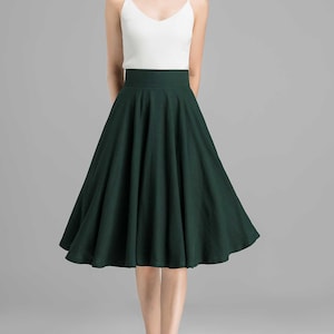 1950s Green Linen Midi Full Circle Skirt, High Waisted Skirt, Womens Swing Skater Skirt, Summer Flared Skirt with Pockets, Xiaolizi 2369#
