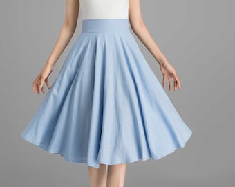 Summer Blue High Waist Linen Midi Skirt, Circle Skirt, Skater