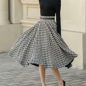 Midi linen plaid skirt, Swing linen skirt, Linen circle skirt, Spring skirt women, A-line linen skirt, Tartan linen skirt, Xiaolizi 4901