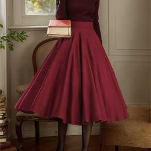 Wollen rok dames, bordeauxrode wollen winterrok, midiwollen rok, uitlopende rok hoge taille, volledige cirkelrok, aangepaste rok, Xiaolizi K3248