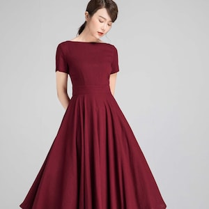 Fit and flare Midi dress in Burgundy, Boat Neck swing Dress with Pockets, Short Sleeve Party dress, Mother of the bride dress 2336#