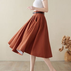 Linen Full Circle Skirt with Pockets, Pleated High Waist Skirt Women, Swing Midi Skirt, Summer Skater Skirt, Flared Knee Length Skirt 4973