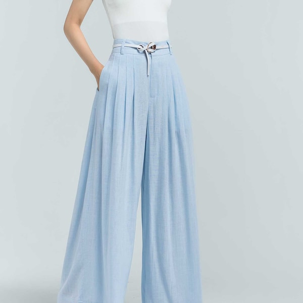 Wide leg Cotton Linen Palazzo pants, Casual Bohemian Style Skirt Pants, Linen pants, Linen pants women, Blue pants, Summer pants outfit 2374