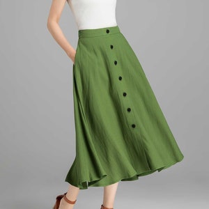 Button-Down Linen Midi skirt, A-Line swing skirt, Linen skirt, Green skirt, Women skirt, High waisted Skirt with pockets, Summer skirt 2368 image 1