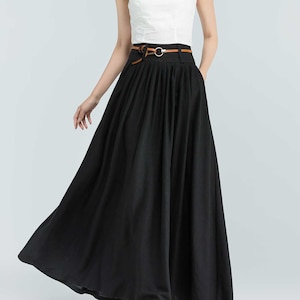 Pleated Maxi skirt outfit for summer, Black Skirt, Long Linen skirt, Womens skirt, Skirt with pockets, Casual skirt, Custom made skirt 2383 image 1