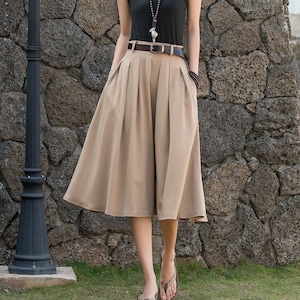 Pleated swing midi skirt, Midi Linen Skirt, Swing Linen Skirt With Pockets, Womens Skirt, A Line skirt, Xiaolizi, Handmade skirt 2882 Khaki