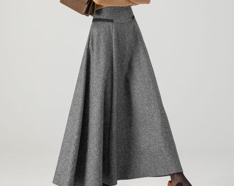 Grey Wool Maxi Skirt, High Waisted A-Line Swing Skirt, Custom Made, Xiaolizi 4608