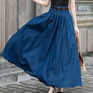 Swing Long Denim Maxi Skirt for Women, Blue Walking Skirt, High Waist Swing Pleated Skirt with Pocket, Womens Skirt, Full Skirt 4286
